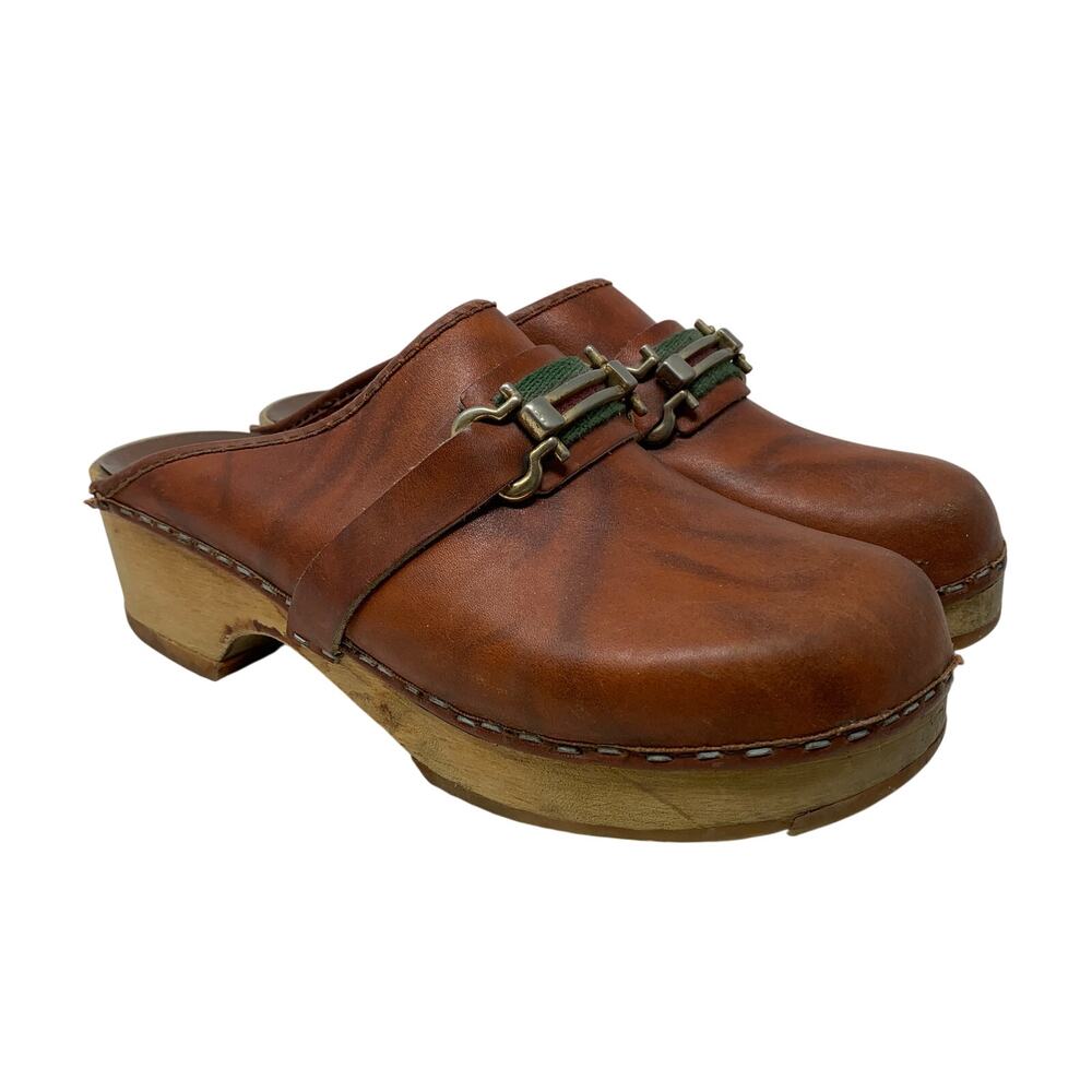 VTG Swedish Clogs Womens 38 US 7.5 Brown Leather Wood Platform Horse Bit Boho
